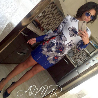 Casual New Women Blue Floral Round Neck Long Sleeve Mini Dress