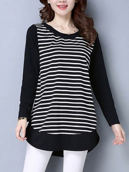 Casual Loose Round Neck Striped Long Sleeve T-Shirt
