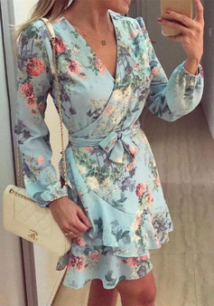 Casual Light Blue Floral Belt Ruffle V-neck Long Sleeve Mini Dress