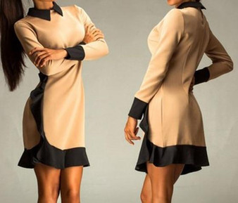 Khaki Patchwork Black Ruffle Round Neck Long Sleeve Mini Dress