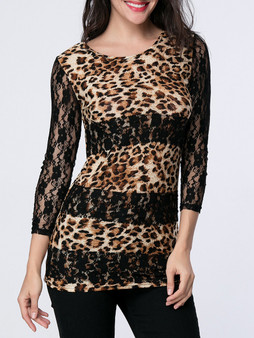 Casual Hot Patchwork Hollow Out Leopard Long Sleeve T-Shirt