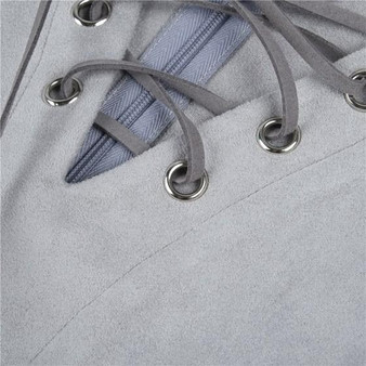 Grey Plain Drawstring Pleated V-neck Long Sleeve Mini Dress