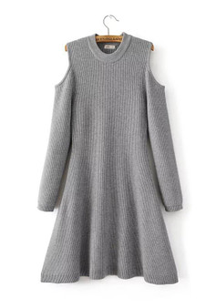 Grey Plain Cut Out Round Neck Long Sleeve Mini Dress