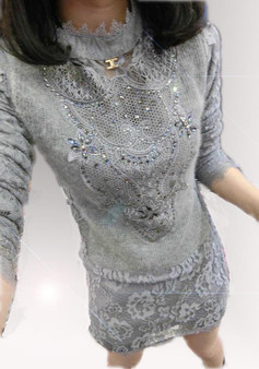 Grey Patchwork Lace Band Collar Long Sleeve Mini Dress