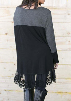 Grey Patchwork Black Lace Round Neck Long Sleeve Mini Dress