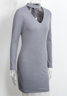 Grey Cut Out Zipper Round Neck Long Sleeve Mini Dress
