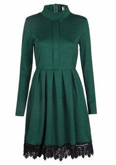 Green Patchwork Lace Pleated Band Collar Long Sleeve Mini Dress