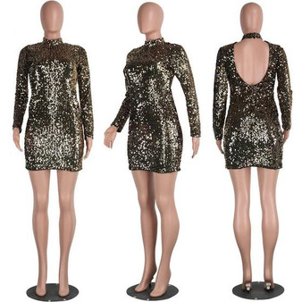 Casual Golden Plain Sequin Backless Long Sleeve Mini Dress