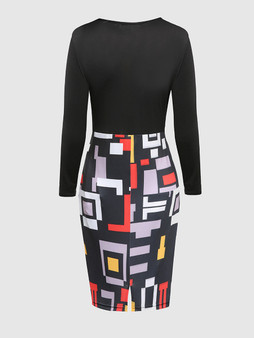 Casual Geometric Color Block Zips Long Sleeve Bodycon Dress