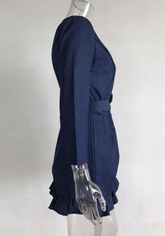 Casual Blue Sashes Ruffle V-neck Long Sleeve Fashion Mini Dress