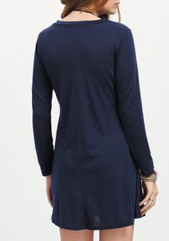 Casual Blue Plain V-neck Long Sleeve Casual Loose Mini Dress