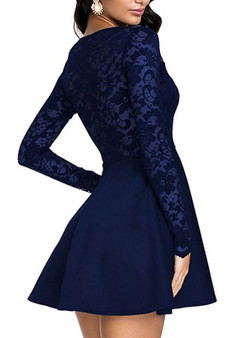 Casual Blue Patchwork Lace Draped Clubwear Long Sleeve Mini Dress