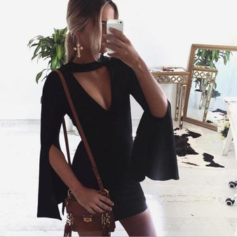 Casual Black Zipper Cut Out V-neck Long Sleeve Mini Dress