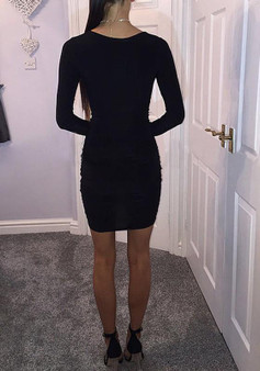 Casual Black Ruffle Irregular V-neck Long Sleeve Fashion Mini Dress