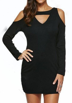 Casual Black Plain Hollow-out Skull Off-Shoulder Long Sleeve Casual Dress