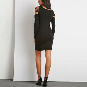 Casual Black Plain Hollow-out Round Neck Long Sleeve Bodycon Clubwear Mini Dress