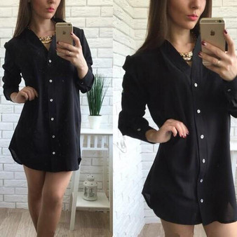 Casual Black Plain Buttons V-neck Long Sleeve Mini Dress