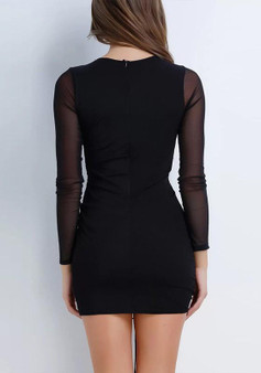 Casual Black Patchwork Drawstring V-neck Long Sleeve Mini Dress