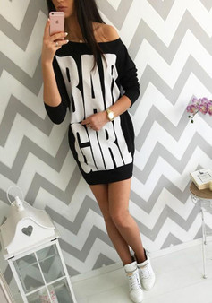 Casual Black Monogram Print Round Neck Long Sleeve Mini Dress