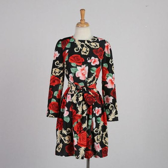 Casual Black Floral Belt Pleated Round Neck Long Sleeve Mini Dress