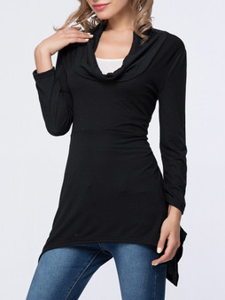 Casual Asymmetric Hem Cowl Neck Plain Long Sleeve T-Shirt