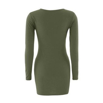 Casual Army Green Plain Wrap Round Neck Long Sleeve Mini Dress