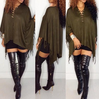 Casual Army Green Plain Tassel Irregular V-neck Long Sleeve Mini Dress