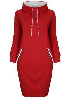 Red Pockets Drawstring High Neck Long Sleeve Fashion Midi Dress