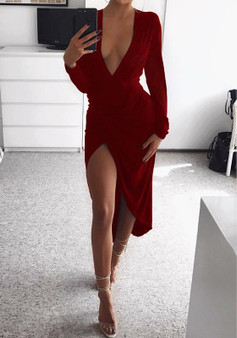 Red Irregular V-neck Long Sleeve Fashion Midi Dress