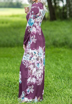 Purple Floral Draped Pockets Round Neck Long Sleeve Maxi Dress