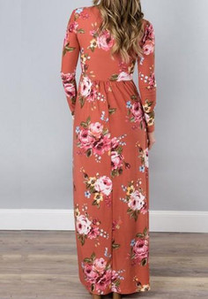 Nacarat Floral Draped Pockets V-neck Long Sleeve Casual Maxi Dress