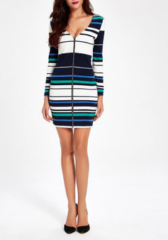 Multicolor Striped Print Zipper V-neck Long Sleeve Mini Dress
