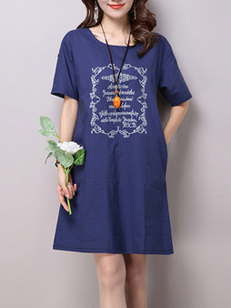 Casual Printed Round Neck Pocket Shift Dress With Short Sleeve