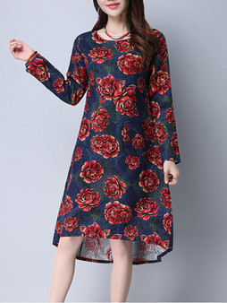 Casual High-Low Round Neck Patch Pocket Shift Dress In Floral Printed