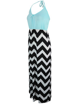 Casual Halter Color Block Zigzag Striped Maxi Dress