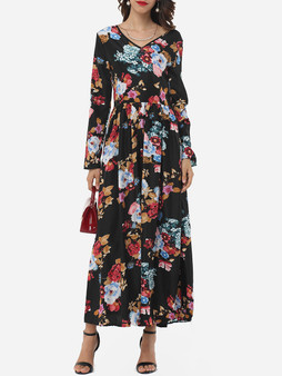 Casual Floral Printed Exquisite V Neck Maxi-dress