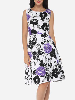 Casual Floral Printed Exquisite Round Neck Skater-dress