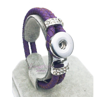 Genuine Braided Purple Leather 18mm Snap Button Rhinestone Bracelet Snap Button Jewelry Unisex