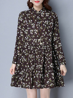 Casual Band Collar Floral Printed Sparkling Shift Dress