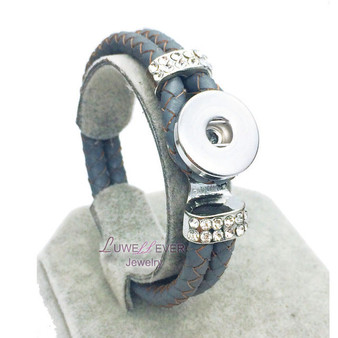 Genuine Braided Gray Leather 18mm Snap Button Rhinestone Bracelet Snap Button Jewelry Unisex