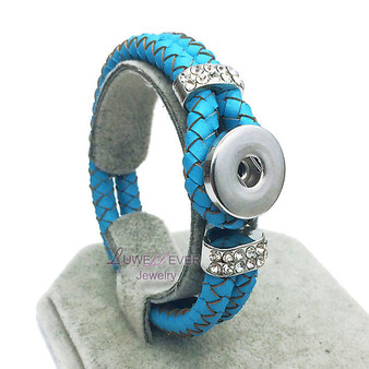 Genuine Braided Turquoise Leather 18mm Snap Button Rhinestone Bracelet Snap Button Jewelry Unisex