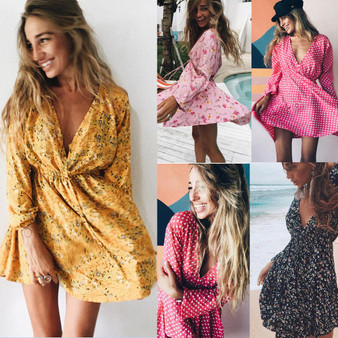 Summer Floral Long Sleeve Evening Party Beach V Neck Sundress Bohemian Beach Dress