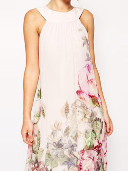 Chiffon Floral Printed Halterneck Sleeveless Maxi Dress