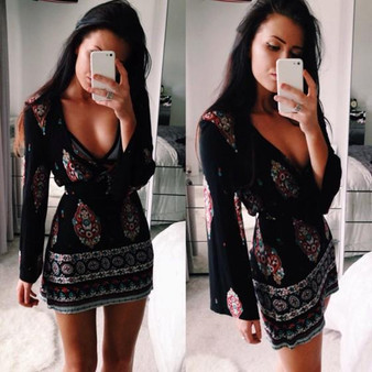 Casual Black Floral Print V-neck Long Sleeve Fashion Mini Dress