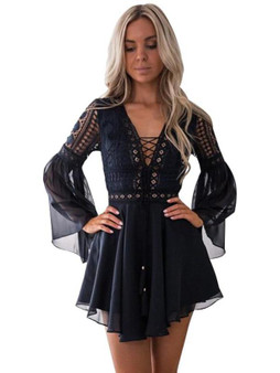 Hollow Out Chiffon Cross Bandage Lace Semi-sheer Plunge V-Neck Long Sleeve Mini Dress