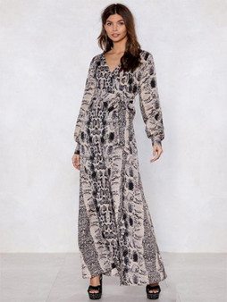 Fashion V-neck Leopard Print Long Sleeves Maxi Dress