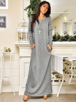 Solid Round-neck Long Sleeves Maxi Dress