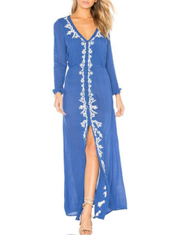 Pretty Embroidery V-Neck Long Sleeves Maxi Dress