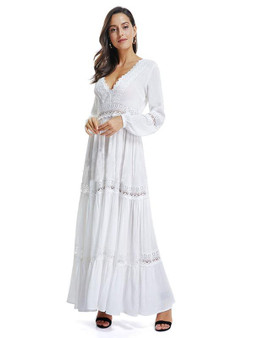 V-neck Hollow Long Sleeves  Maxi Dress