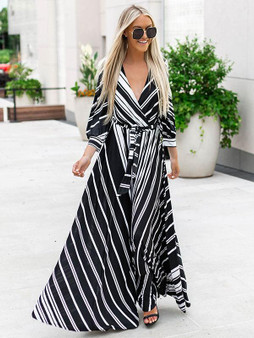 Deep V-neck Striped Long Sleeves Bohemia Maxi Dress